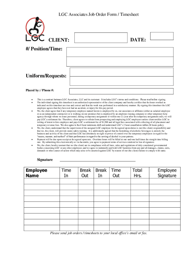LGC Associates Job Order Form Timesheet