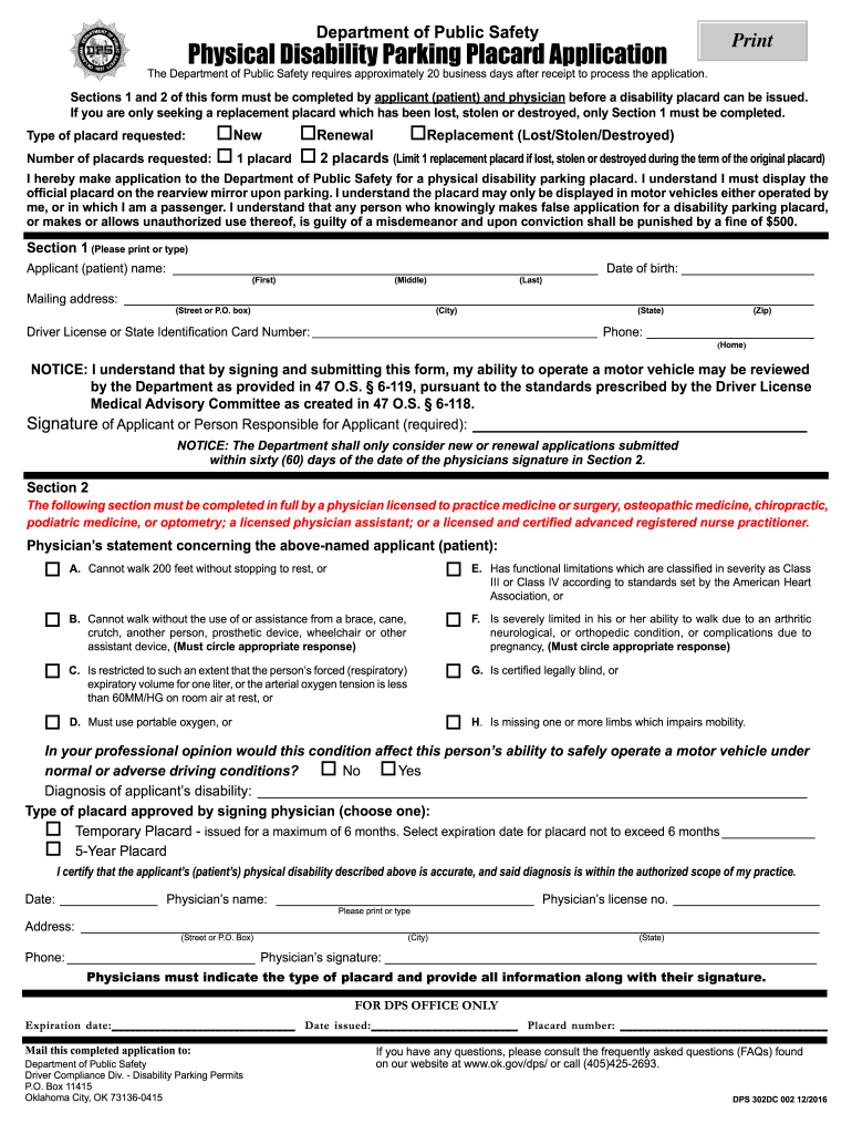  Handicap Parking Permit Oklahoma Application Print 2016