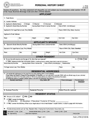 Tabc Personal History Sheet  Form