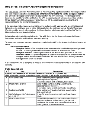  Voluntary Acknowledgment of Paternity Form HFS 3416B  Illinois 2016