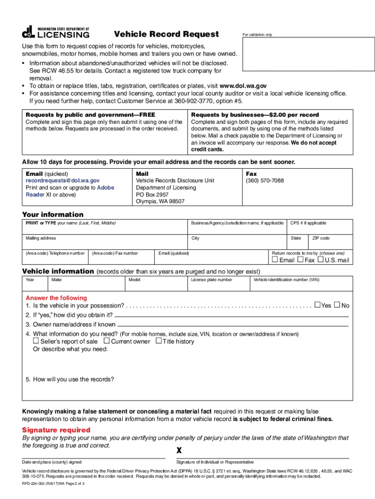  Vehicle Record Request Wa 2017-2024