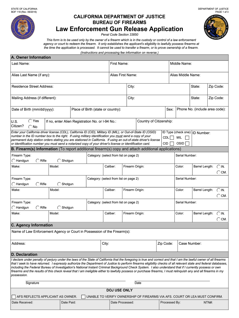  Law Enforcement Gun Release Application 2016
