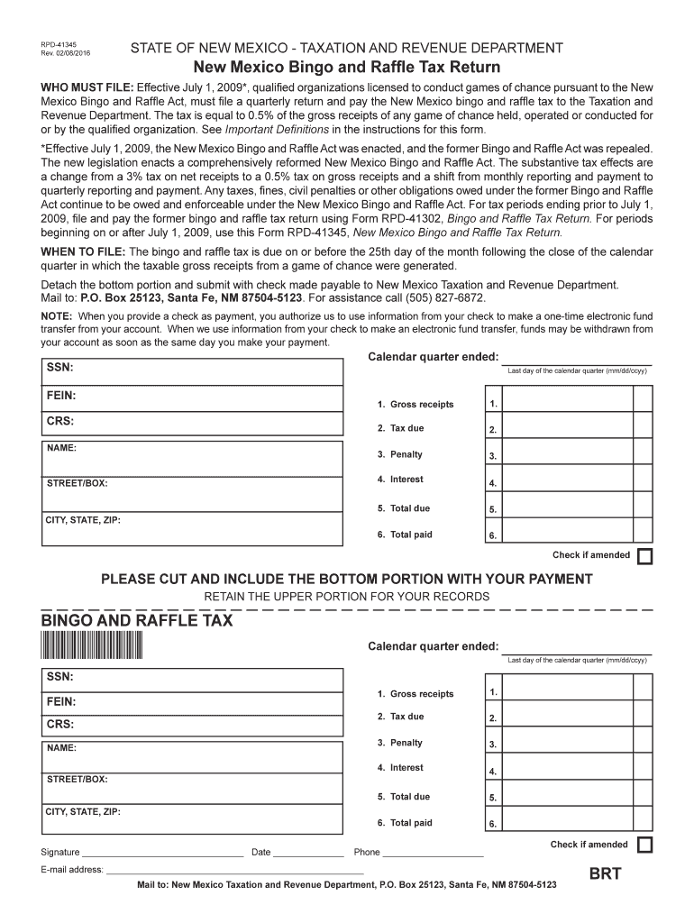  New Mexico Bingo and Raffle Tax Return 2016-2024