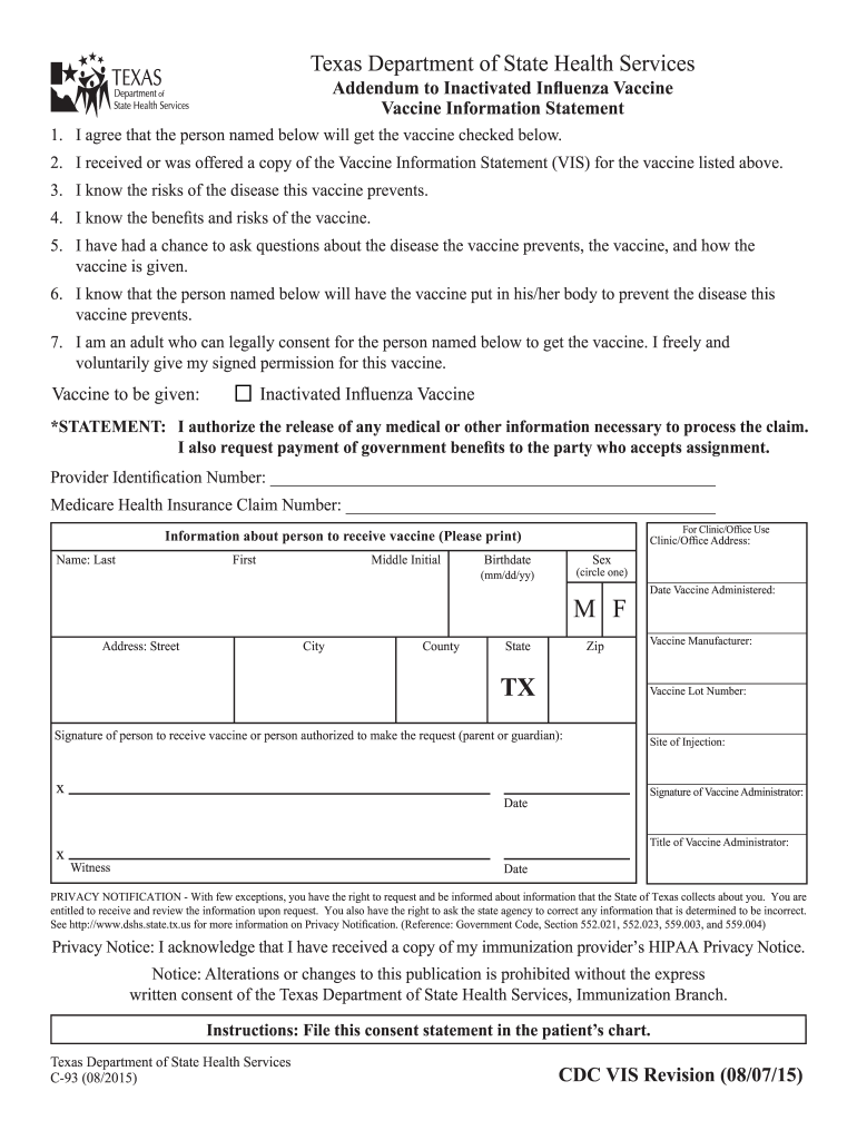 Addendum to Influenza Vaccine  Form