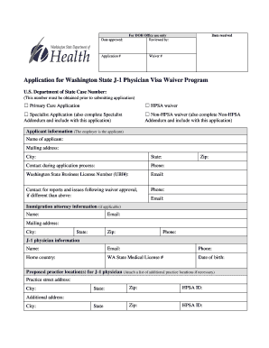 Application for Washington State J 1 Physician Visa Waiver Program  Form