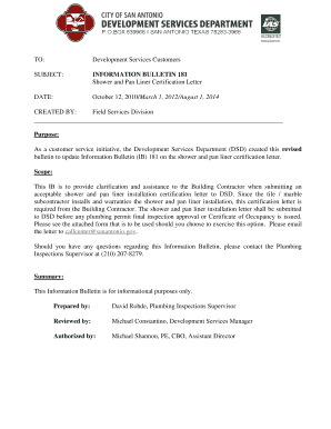 Shower and Pan Liner Certification Letter  Form