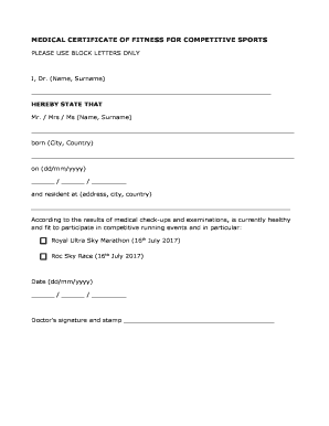 Medical Fitness Certificate for Sports Form