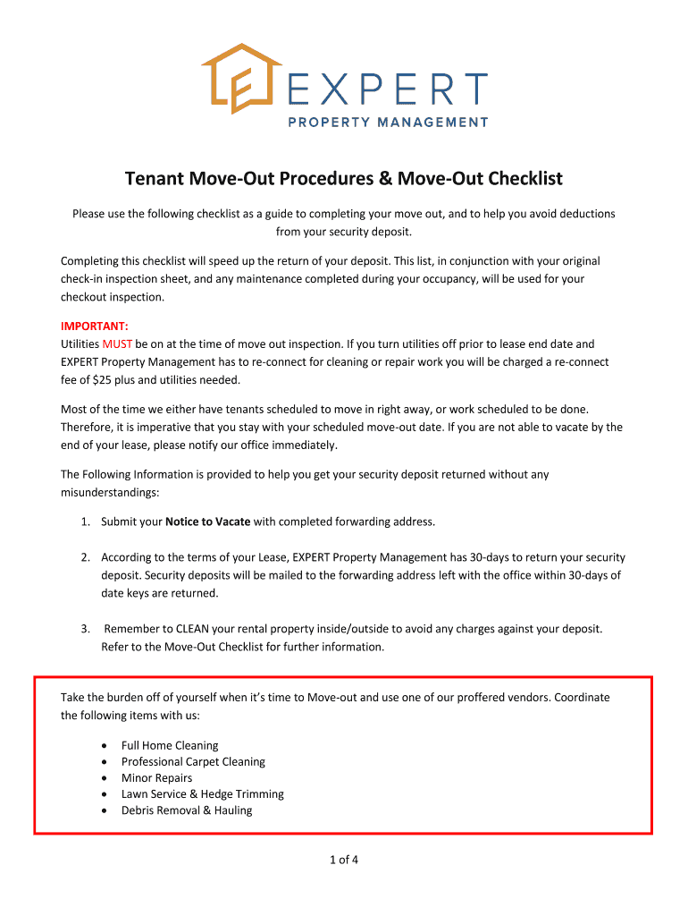 Tenant Move Out Procedures &amp; Move Out Checklist  Form