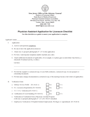  Physician Assistant Application for Licensure Checklist New 2016