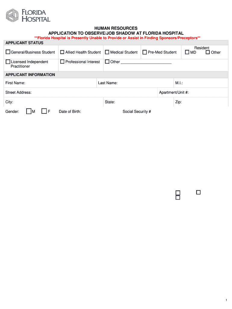 APPLICATION to OBSERVEJOB SHADOW at FLORIDA HOSPITAL  Form