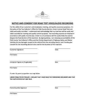 Notice and Consent for Road Test Video Audio Recording  Form