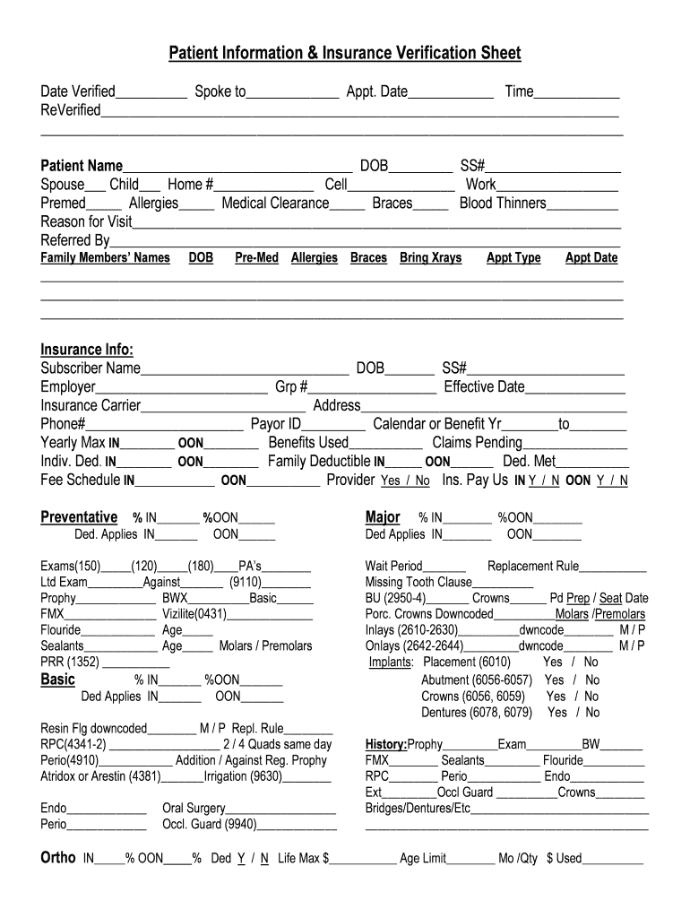 Patient Information &amp; Insurance Verification Sheet