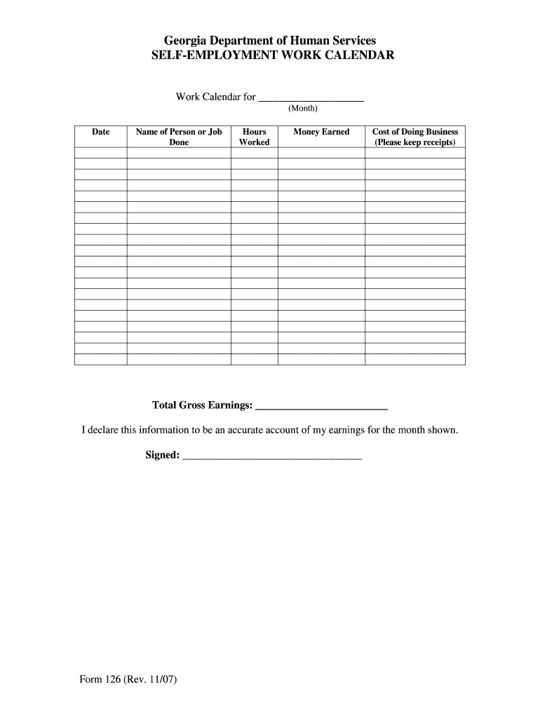  Self Employment Work Calendar 2007