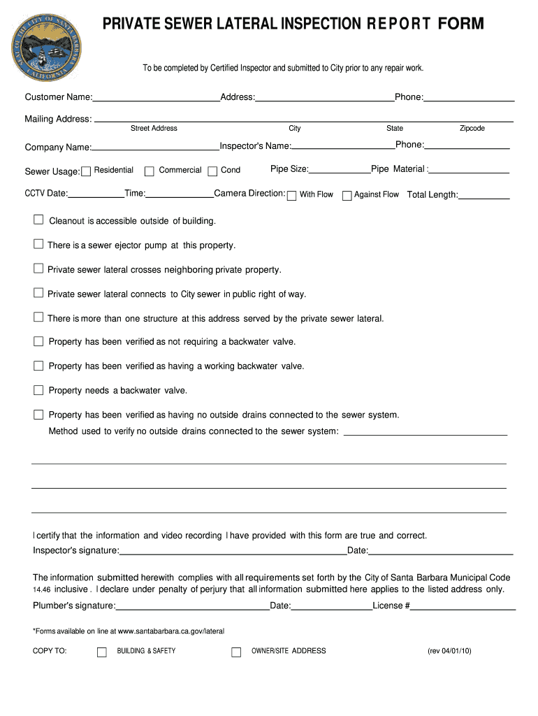 Sewer Inspection Report Template  Form