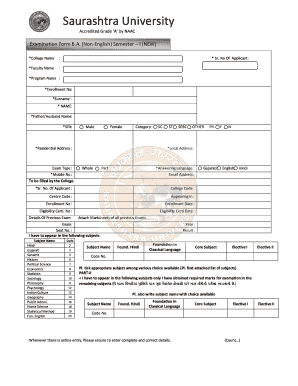 Download Blank Exam Form of Llb Sem 1 New Saurashtra University