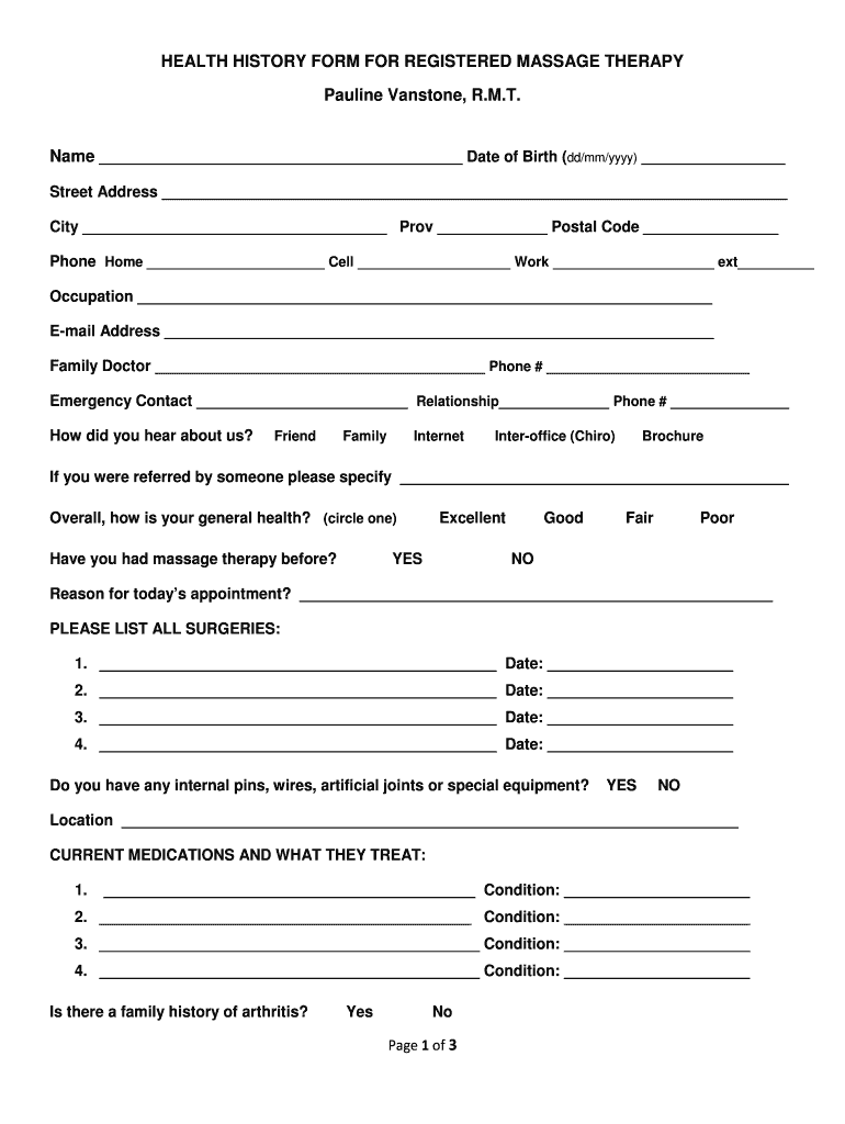 HEALTH HISTORY FORM for REGISTERED MASSAGE THERAPY