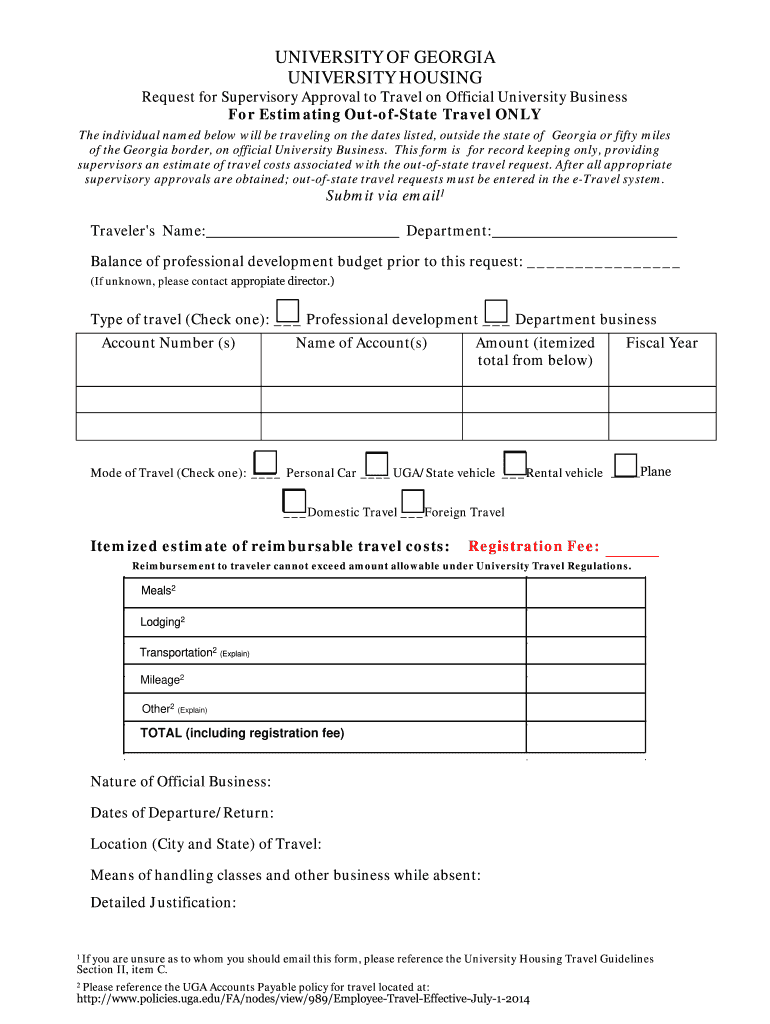 Request for Supervisory Approval to Travel on Official University Business  Form