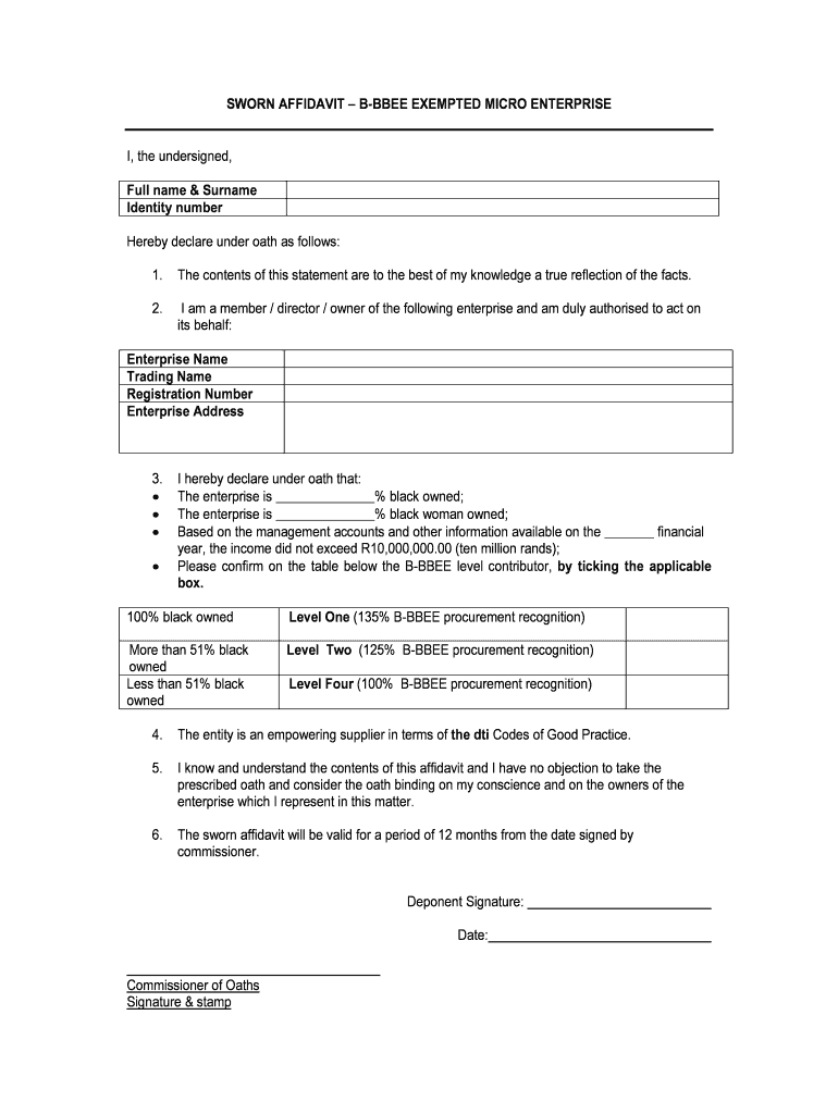 SWORN AFFIDAVIT B BBEE EXEMPTED MICRO ENTERPRISE  Form