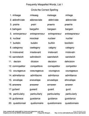 Commonly Misspelled Words List Printable  Form