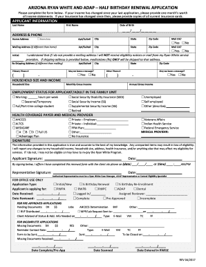 ARIZONA RYAN WHITE and ADAP HALF BIRTHDAY RENEWAL APPLICATION  Form