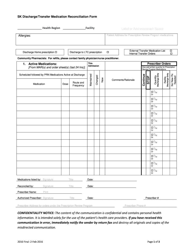 SK DischargeTransfer Medication Reconciliation Form