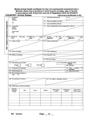 Model Animal Health Certificate for the Non Commercial Movement  Form