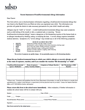 Parent Statement of FoodEnvironmental Allergy Information