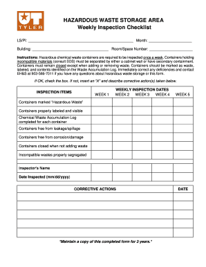Hazardous Waste Weekly Inspection Checklist  Form