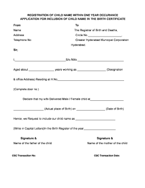 Birth Certificate Child Name Inclusion  Form