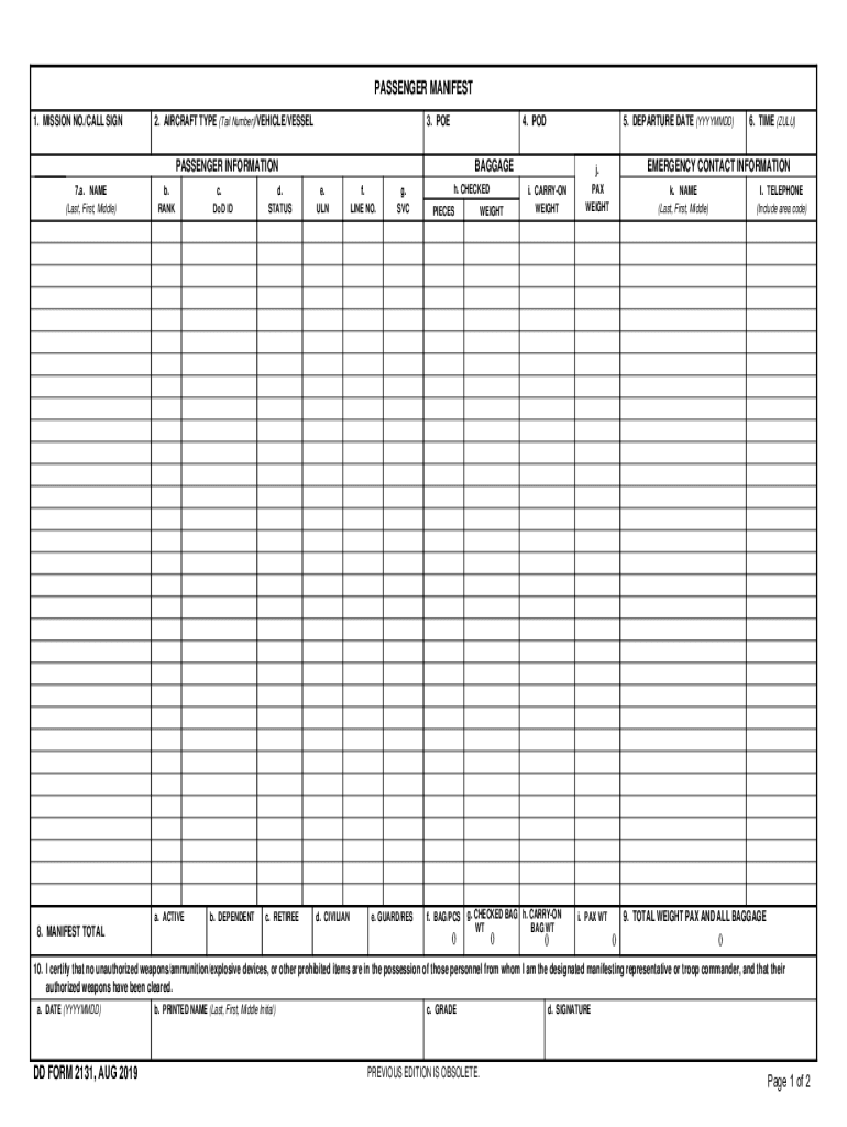 DD Form 2131, Passenger Manifest, September