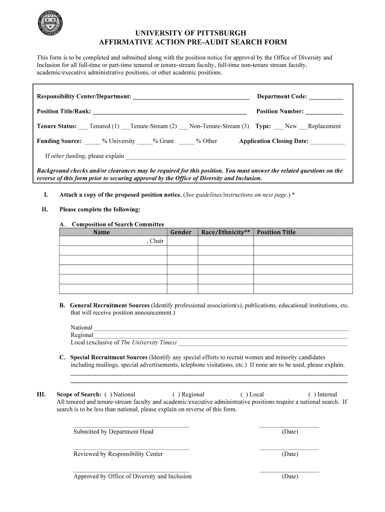 AFFIRMATIVE ACTION PRE AUDIT SEARCH FORM