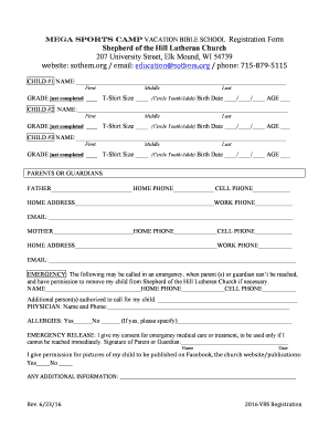 MEGA Sports Camp VACATION BIBLE SCHOOL Registration Form