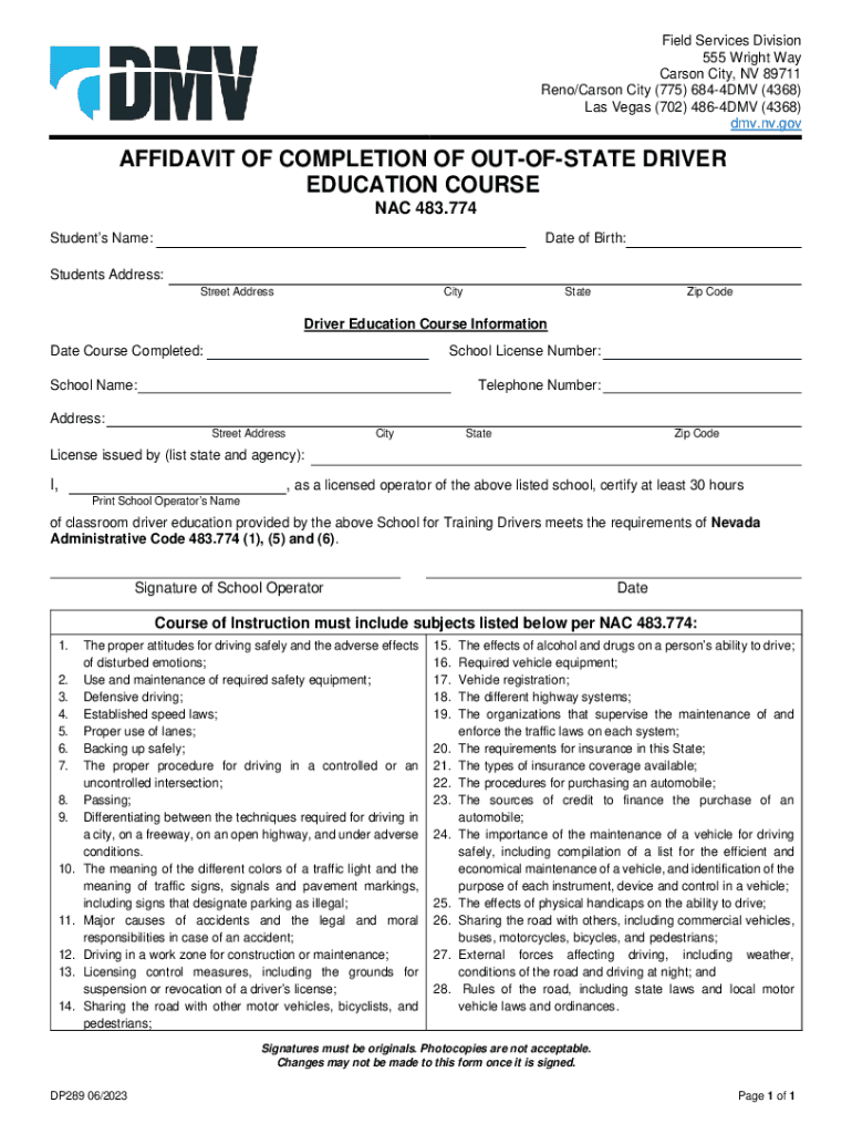  DP 289 Affidavit of Completion of Out of State Driver Education 2023-2024
