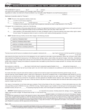 Washington State Residential Lease Rental Agreement and Security Deposit Receipt  Form