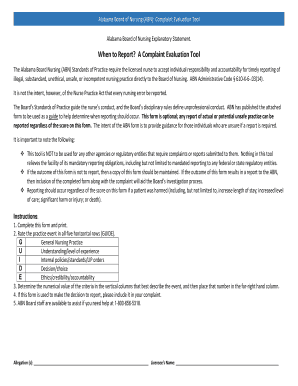 Alabama Board of Nursing ABN Complaint Evaluation Tool  Form