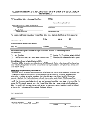 Toyota Manufacturer&#039;s Certificate of Origin  Form