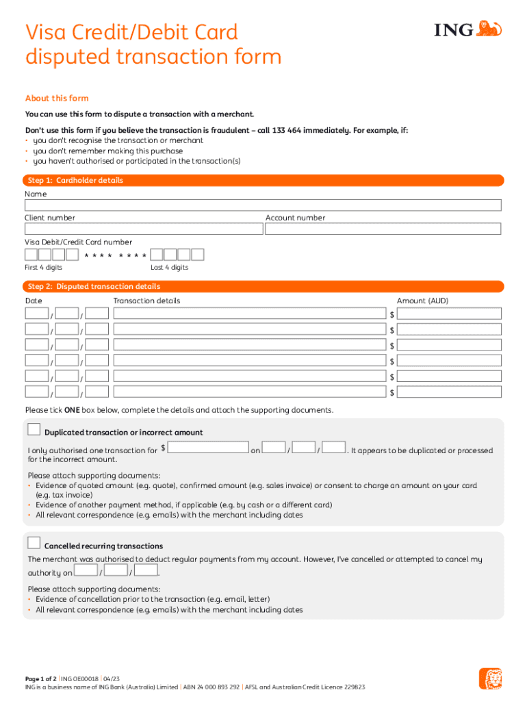  Visa CreditDebit Card Dispute Transaction Form ING 2023-2024