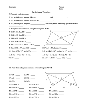 Parallelogram Problems Worksheets with Answers  Form