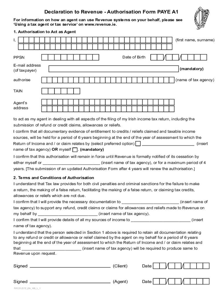  Declaration to Revenue Authorisation Form PAYE A1 PAYE Tax Agency Services 2021-2024