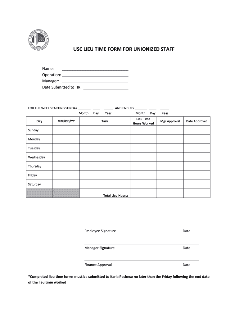 USC LIEU TIME FORM for UNIONIZED STAFF