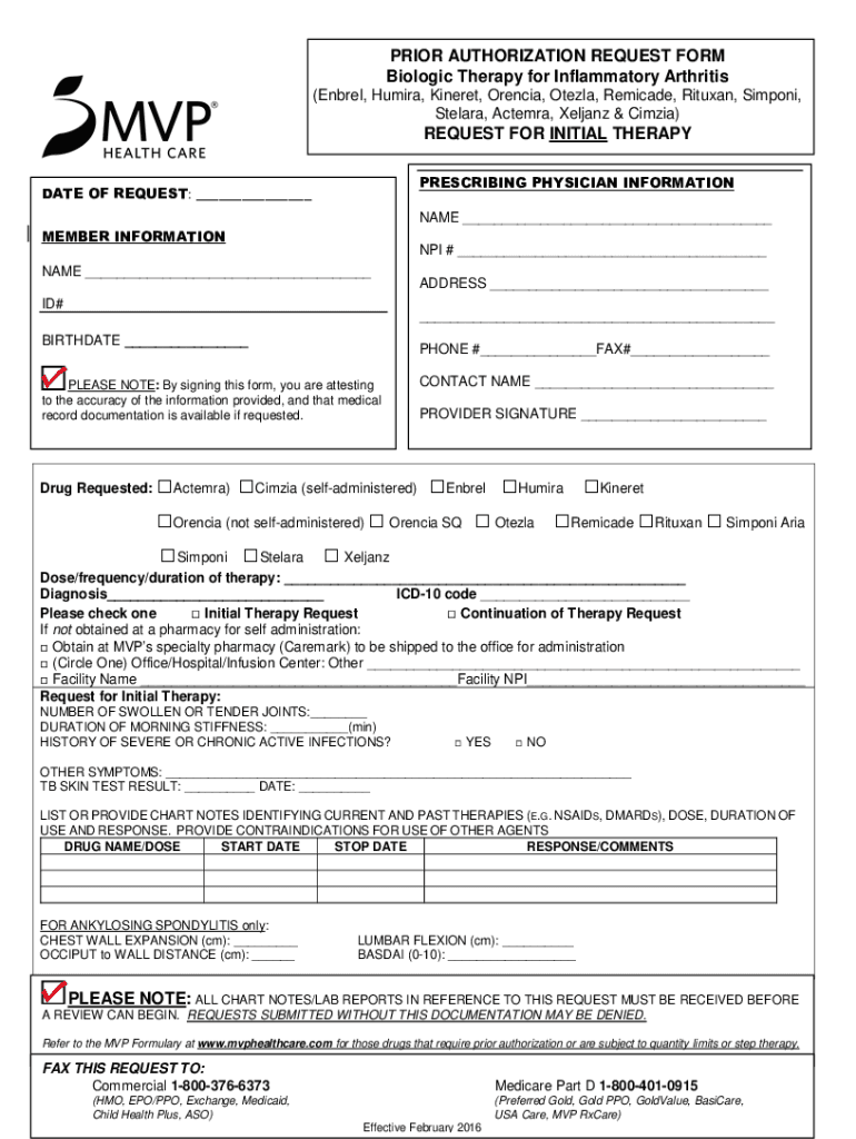 Prior Authorization Request Form for Biologic Therapy