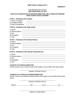 Single Member Company Form 1