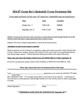 8th Grade Boys Basketball Tryout Permission Slip  Form