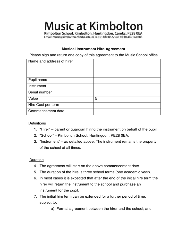 Musical Instrument Hire Agreement  Form
