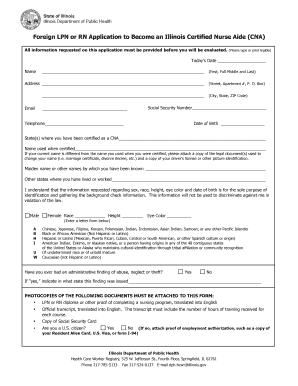 Foreign LPN or RN Application to Become an Illinois Certified Nurse Aide CNA  Form