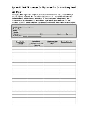 Appendix IV K Stormwater Facility Inspection Form and Log Sheet