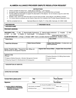 ALAMEDA ALLIANCE PROVIDER DISPUTE RESOLUTION REQUEST  Form