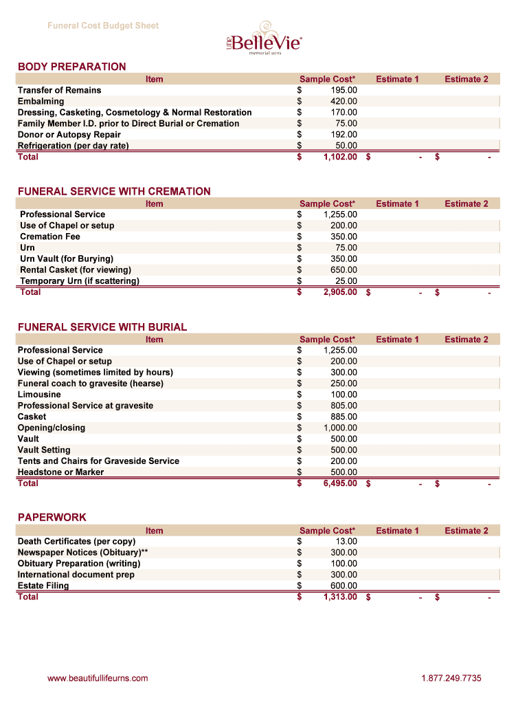 Funeral Cost Budget Sheet  Form