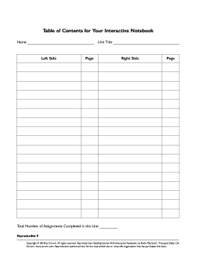 Interactive Notebook Table of Contents Printable  Form