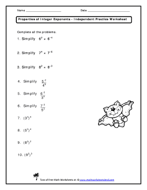 Properties of Integer Exponents Worksheet PDF  Form